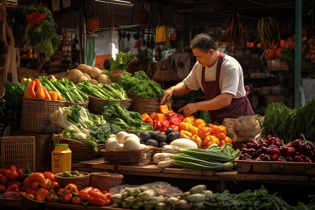 A vendor set up a stall in the vegetable market surround