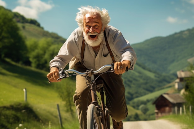 A venerable gentleman with silver locks and a beard enjoys a serene bike ride in the rural landscape