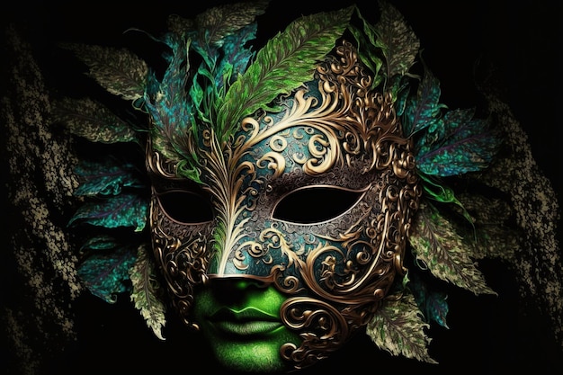 Venetiaans carnaval masker Gouden kleur gekleurde veren Gelukkig carnaval festival feest Vrouw gezichtsmasker op donkere achtergrond 3d illustratie