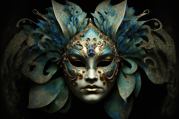 Venetiaans carnaval masker Gouden kleur gekleurde veren Gelukkig carnaval festival feest Vrouw gezichtsmasker op donkere achtergrond 3d illustratie