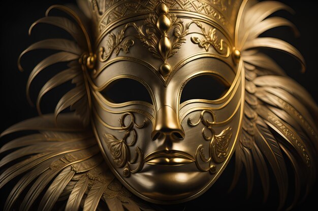 Venetiaans carnavalmasker met gouden ornamenten op een vaste achtergrond