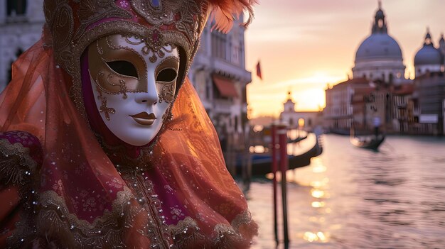 Venetiaanse carnavalmasker afgebeeld bij zonsondergang enigmatische maskerade sfeer in Venetië traditie en cultuur fuseren AI