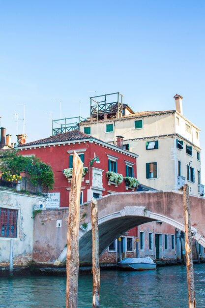 Venetian bridge and houses. Lagoons of Venice