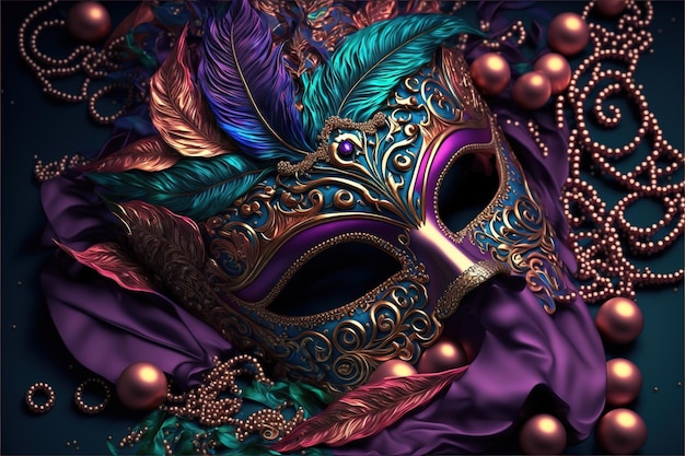 Venetian carnival mask and beads decoration. Mardi gras background