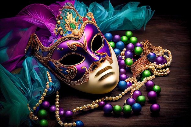 Venetian carnival mask and beads Generative AI Generative AI