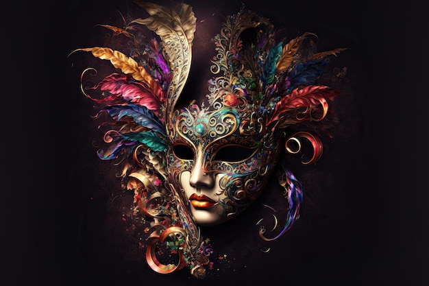 Venetian carnival mask Gold color colored feathers Happy carnival festival party Woman face mask on dark background 3d illustration