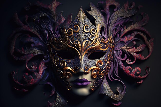 Venetian carnival mask Gold color colored feathers Happy carnival festival party Woman face mask on dark background