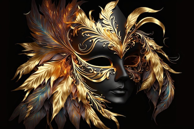 ベネチアン カーニバル マスク ゴールド色の羽 美しいリアルな生成 AI AIG15