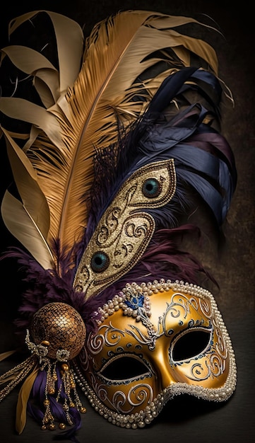 Photo venetian carnival mask with feathers on black background, mardi gras poster