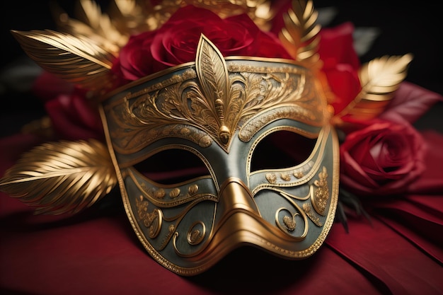 Венецианская карнавальная маска с золотым орнаментом на цветном фоне ai generative