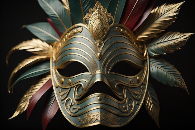 Венецианская карнавальная маска с золотым орнаментом на одноцветном фоне ai generative