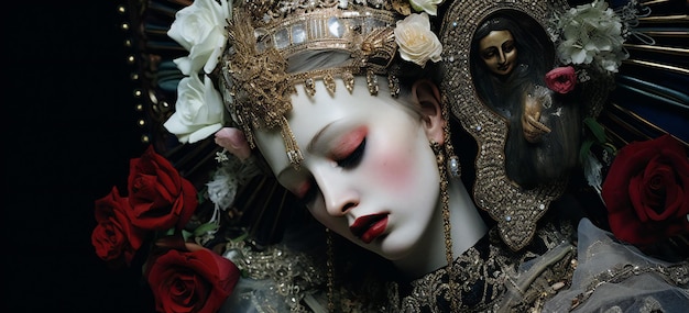 Venetian carnival mask with red lips and white roses