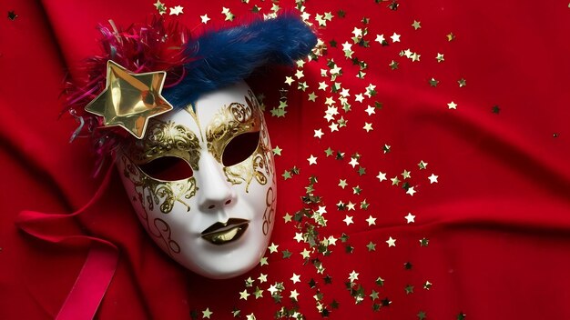 Venetian mask on a red fabric with stars confetti next