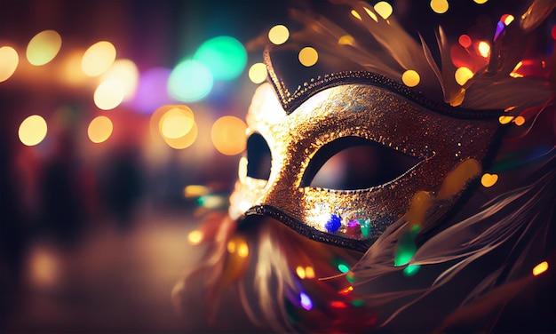 Venetian mask with abstract defocused bokeh lights and shiny streamers for carnival party masquerade disguise concept blurred bokeh background generative ai