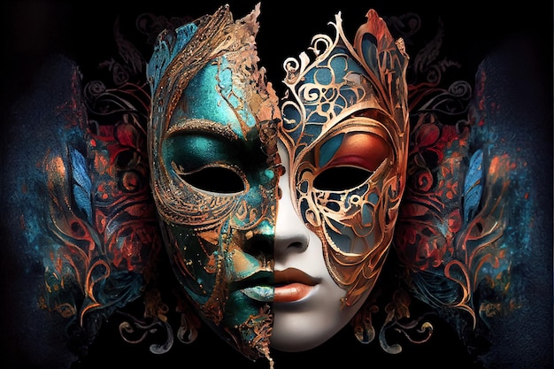 Venetian masks art closeup 3d illustration low key Generative AI