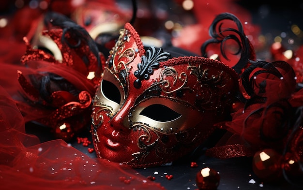 写真 ヴェネツィア の 仮面 は,輝く ストリーマー を 持つ 赤い 輝き に 覆わ れ て いる