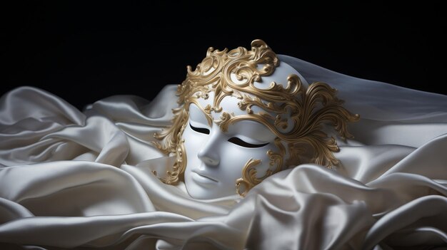 Venetian masquerade mask floating ominously on white velvet AI generated illustration