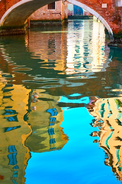 Venetian mirror - Houses, blue sky and small bridge reflect in the water of canal. Venice in water reflections