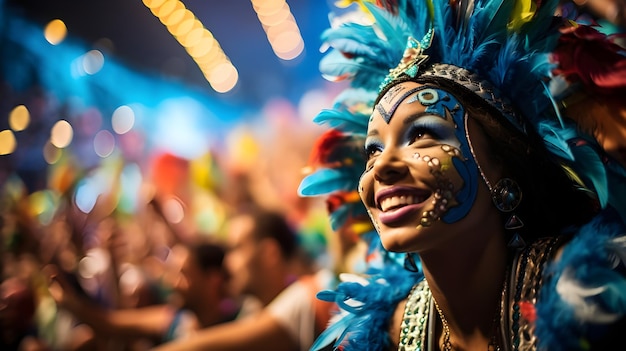 写真 ブラジルのリオ・カーニバルで鮮やかな羽毛とメイクアップを着たカラフルなダンサーのヴェネツィアのシーン