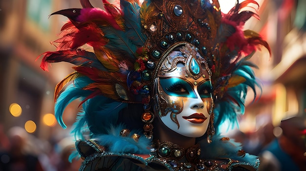 写真 ブラジルのリオ・カーニバルで鮮やかな羽毛とメイクアップを着たカラフルなダンサーのヴェネツィアのシーン