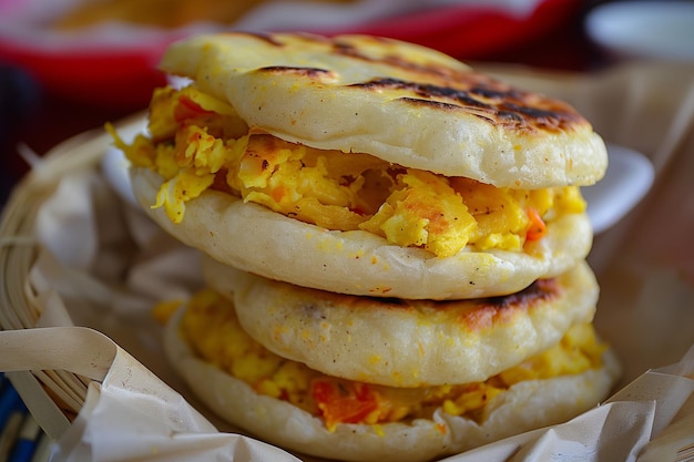 Foto venezolaans ontbijt arepa met roerei en tomaten in een geweven mandje