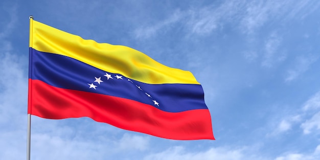 Venezuela flag on flagpole on blue sky background The Venezuelan flag fluttering in the wind against a sky with clouds Place for text 3d illustration