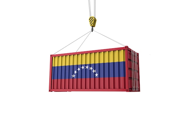 Venezuela vlag vracht handelscontainer hangend aan een kraan d render