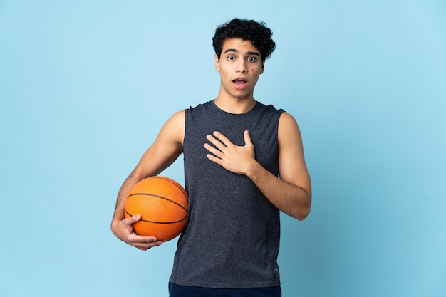 Venezuelan basketball player man surprised and shocked while looking right