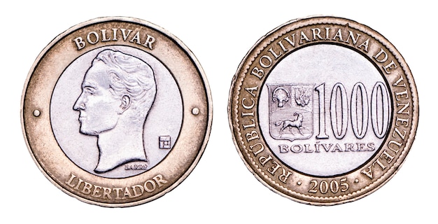 Venezuelan coin thousand thousand bolivar 2005 release, Simon Bolivar head, silver. Concept for design. Currency devaluation.