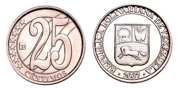 Venezuelan coin twenty five centimes 2007 release, silver. Currency devaluation. Concept for design. Isolated background.