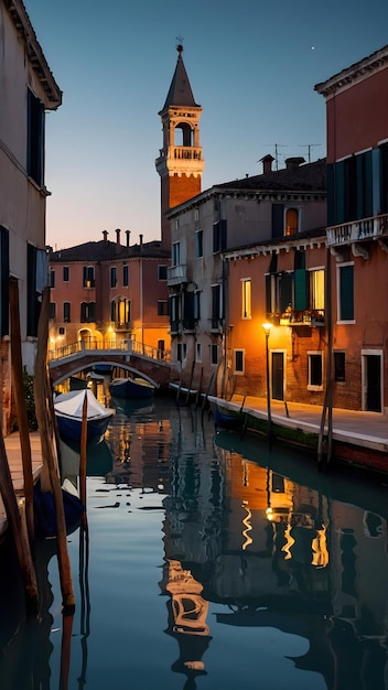 月の幻想を反映するヴェネツィアの運河 写真は法律のレビューテーマのための現実 完全な景色の深さ