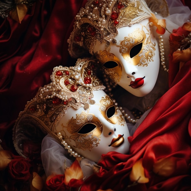 Foto una maschera di carnevale di venezia su una coperta dorata e rossa