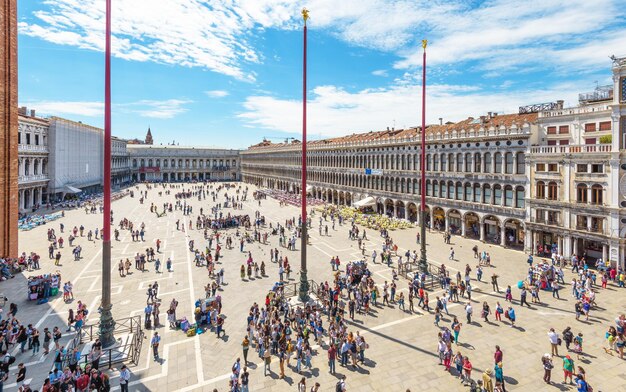 Venice italy may 21 2017 piazza san marco or st mark's square in venice it is a top tourist attraction of venice panorama of the famous venice center with many people from above in summer