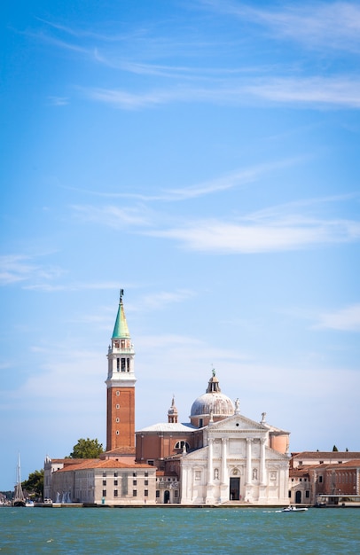 Venice, italy. view from riva degli schiavoni of san giorgio maggiore isle during a sunny day with blue sky