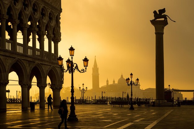 Venice landmark ,Piazzetta historic statue in the early morning ,Italy.