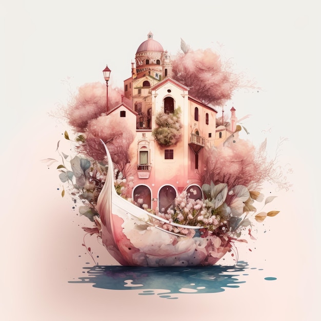 Venice watercolor Cute italian houses venetian buildings palaces temple dome in boat or gondola