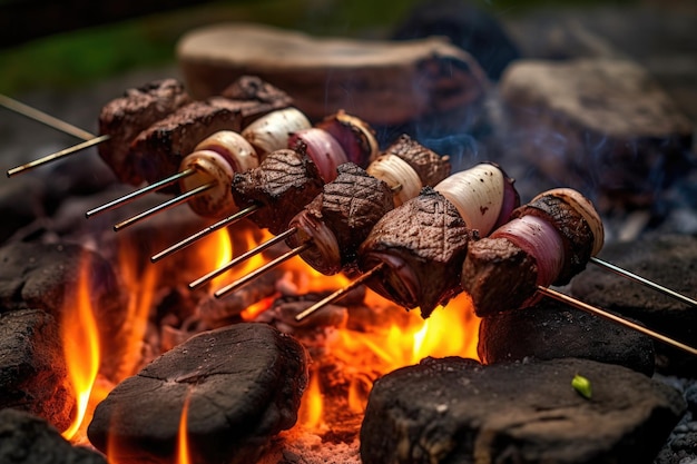 Venison skewers grilling over campfire flames created with generative ai