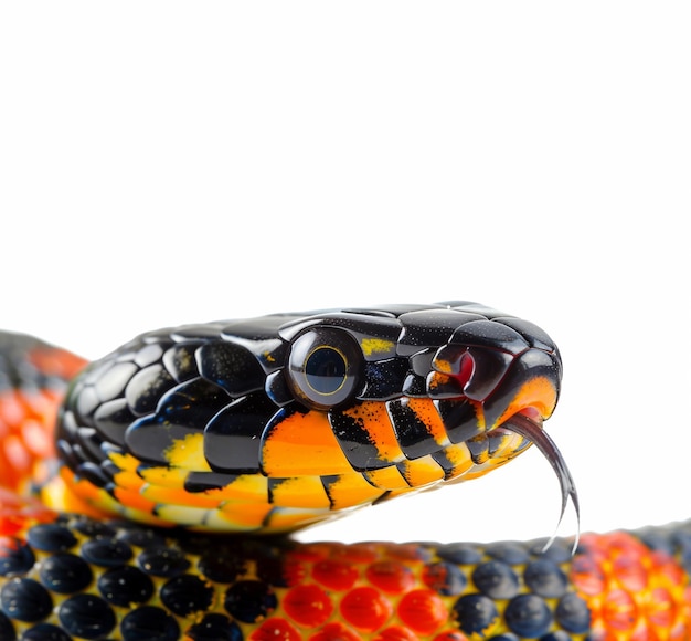 Venomous Eastern coral snake Micrurus fulvius close up of head eyes tongue Side view of whole