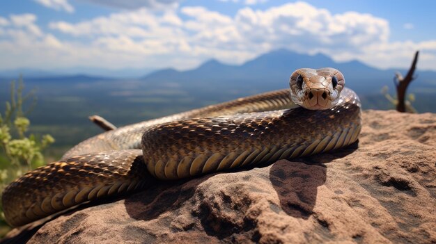 A venomous snake gracefully slithering across a rocky mountain ledge