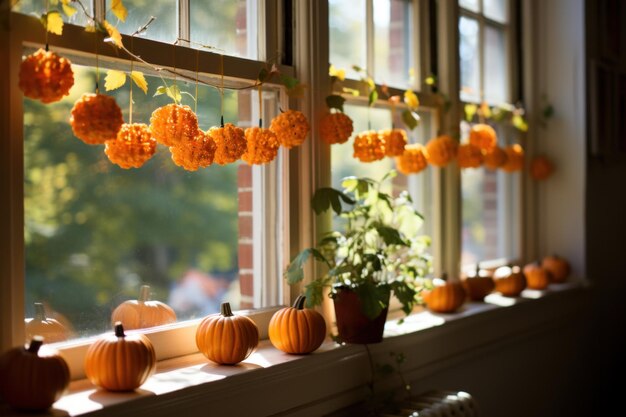 Venster versierd met een Halloween-krans en pompoenen op de vensterbank
