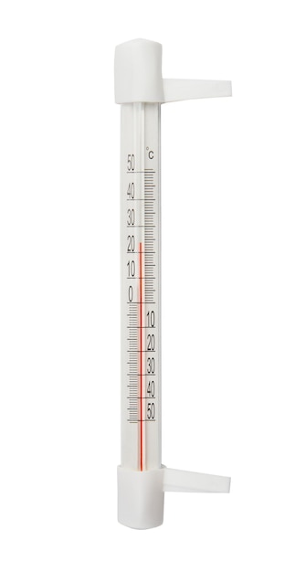 Foto vensterthermometer die op witte close-up wordt geïsoleerd als achtergrond