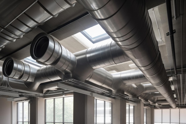 Ventilation system with ducts and vents visible in modern office building created with generative ai