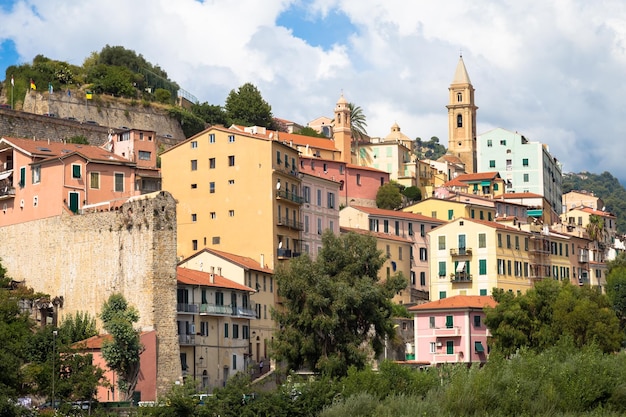 VENTIMIGLIA ITALY CIRCA AUGUST 2020 panarama of Ventimiglia old village in Liguria Region sunny day with blue sky