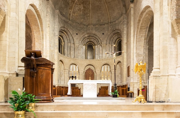 Ventimiglia Italy Interior of Romanic catholic cathedral with altar