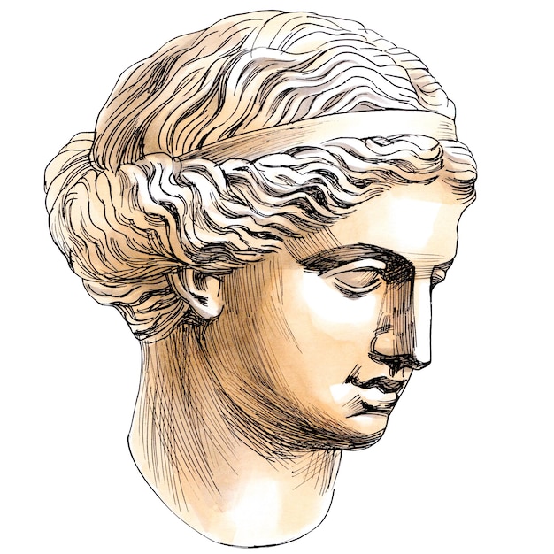 고대 그리스의 사랑의 여신 비너스 스케치 마커, 고전 그리스 조각의 일러스트레이션