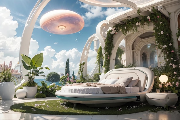 Venusiaanse Venus Een futuristische slaapkamer met zwevende wolken en weelderige tuinen
