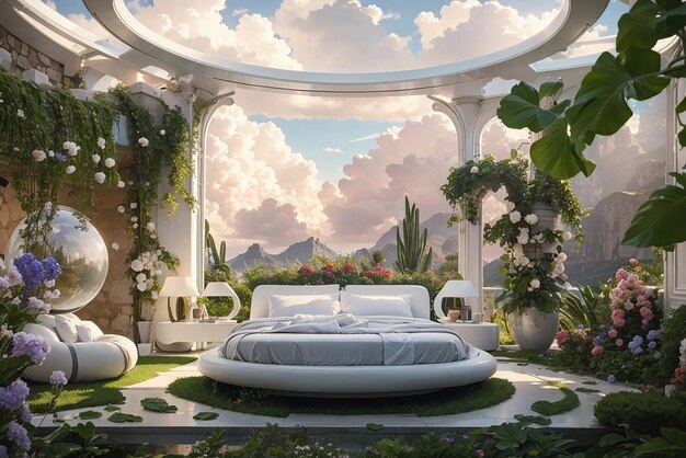 Venusian Venus A Futuristic Bedroom with Floating Clouds and Lush Gardens