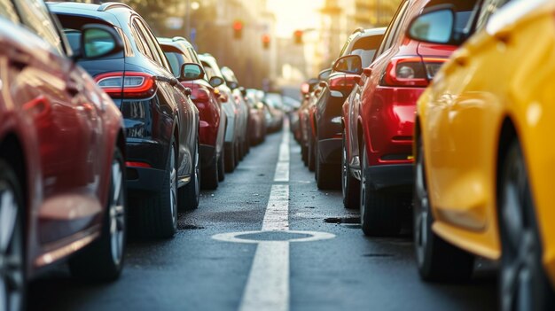 Foto ver en dicht foto's van auto's die naast elkaar staan in de auto-koop- en verkoopmarkt