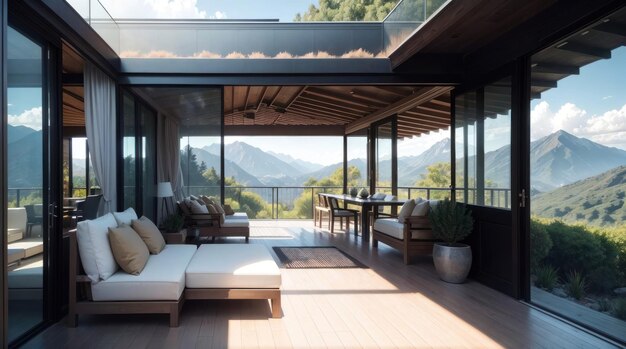 The veranda of a modern house with mountain view