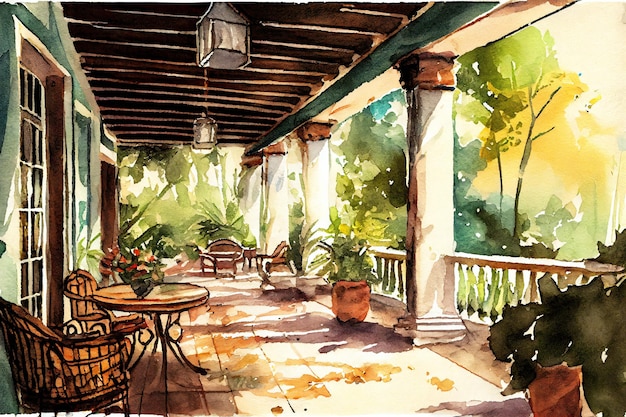 Veranda tuin aquarel